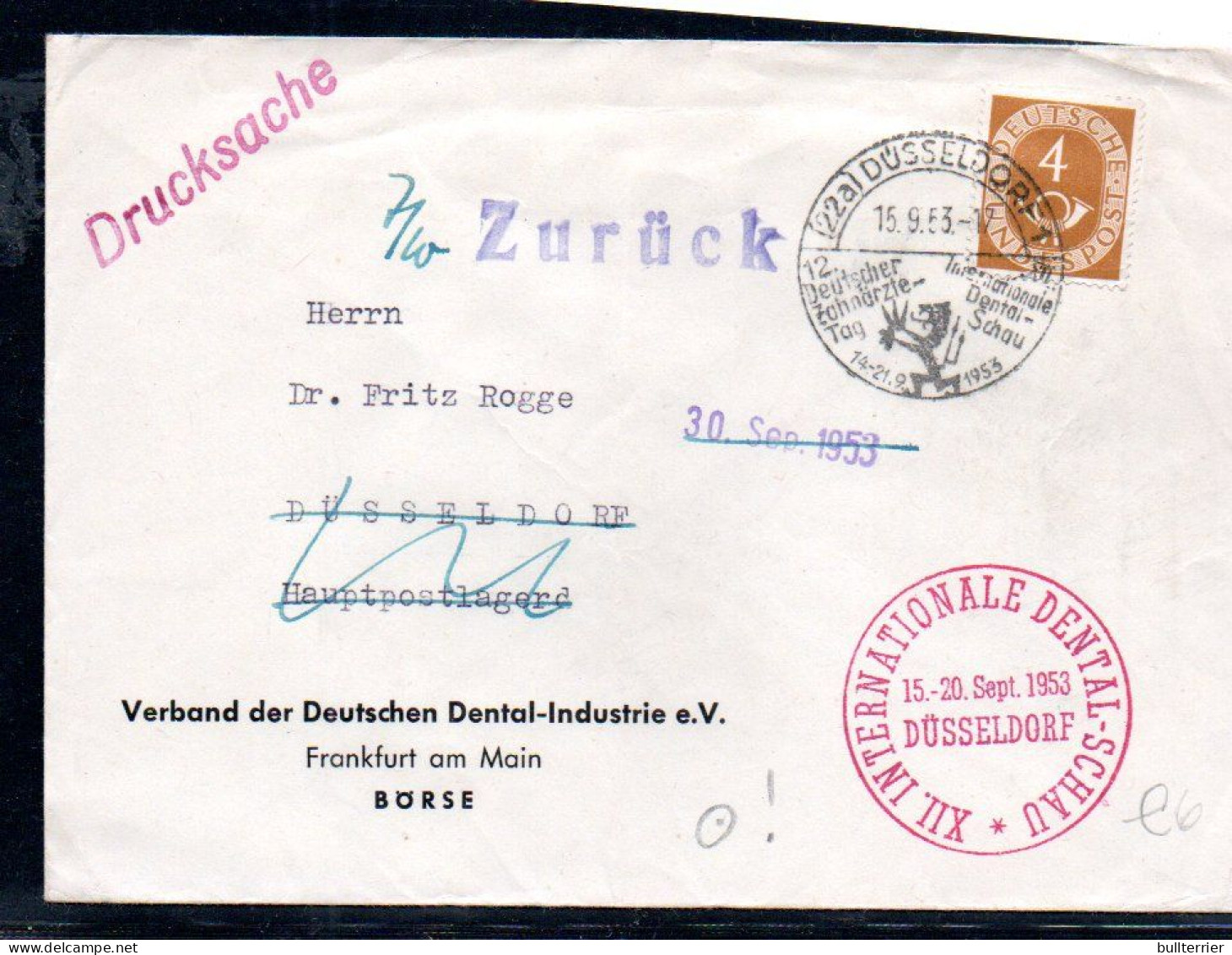 DENISTRY -  GERMANY - 1954 -COVER  TO DUSSELDOR WITH DENTAL SCHOOL P/MARK AND DENTAL CACHET IN RED - Médecine
