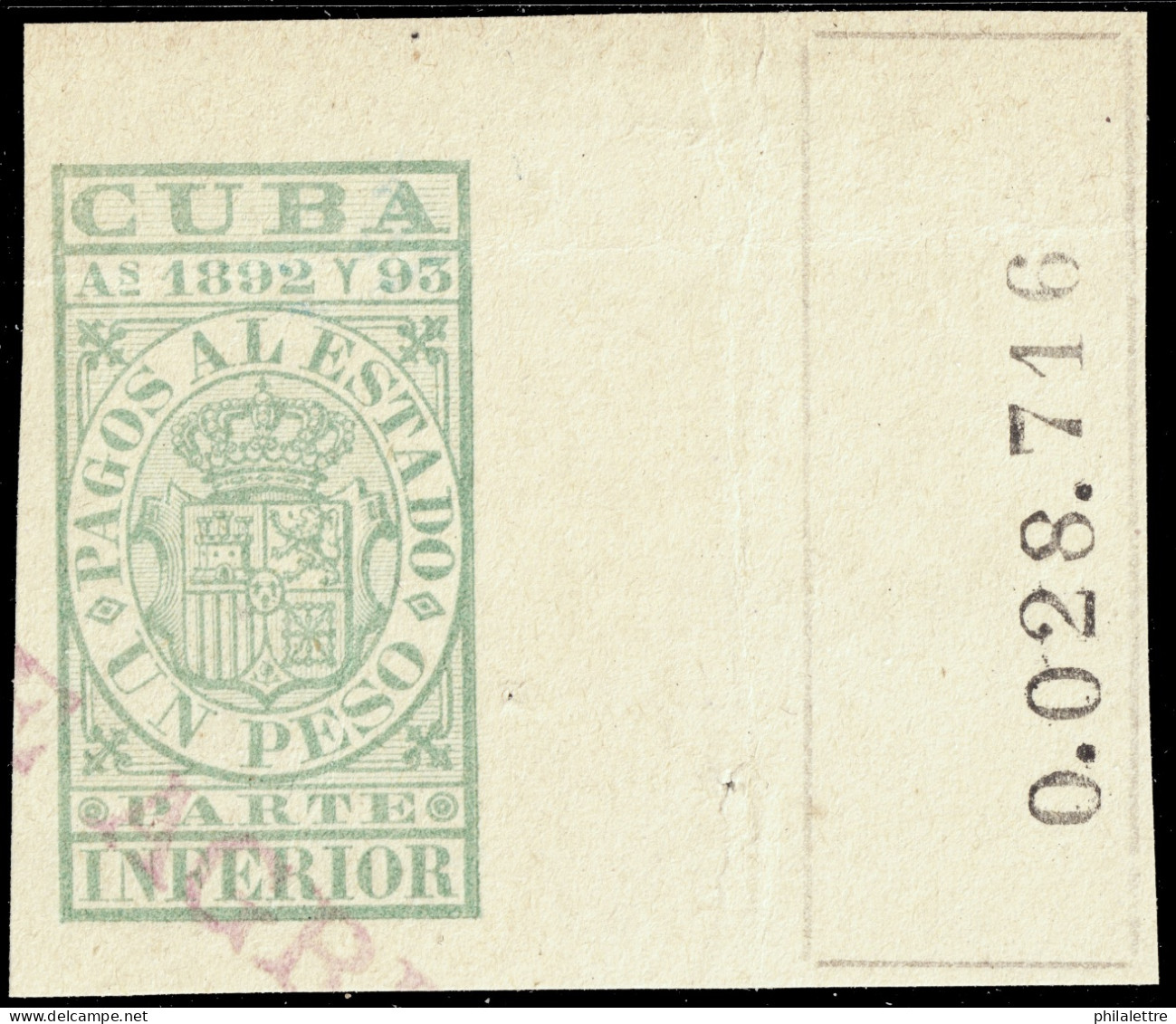 ESPAGNE / ESPANA - COLONIAS (Cuba) 1892/93 "PAGOS AL ESTADO" Fulcher1128 1P Parte Inferior Usado (0.028.716) - Cuba (1874-1898)