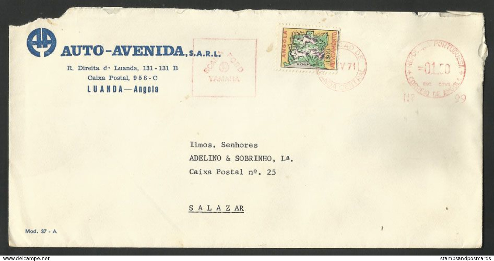 Angola Portugal EMA Cachet Rouge Concessionaire Voitures Scania Ford Yamaha 1971 Franking Meter Car And Moto Dealer - Cars