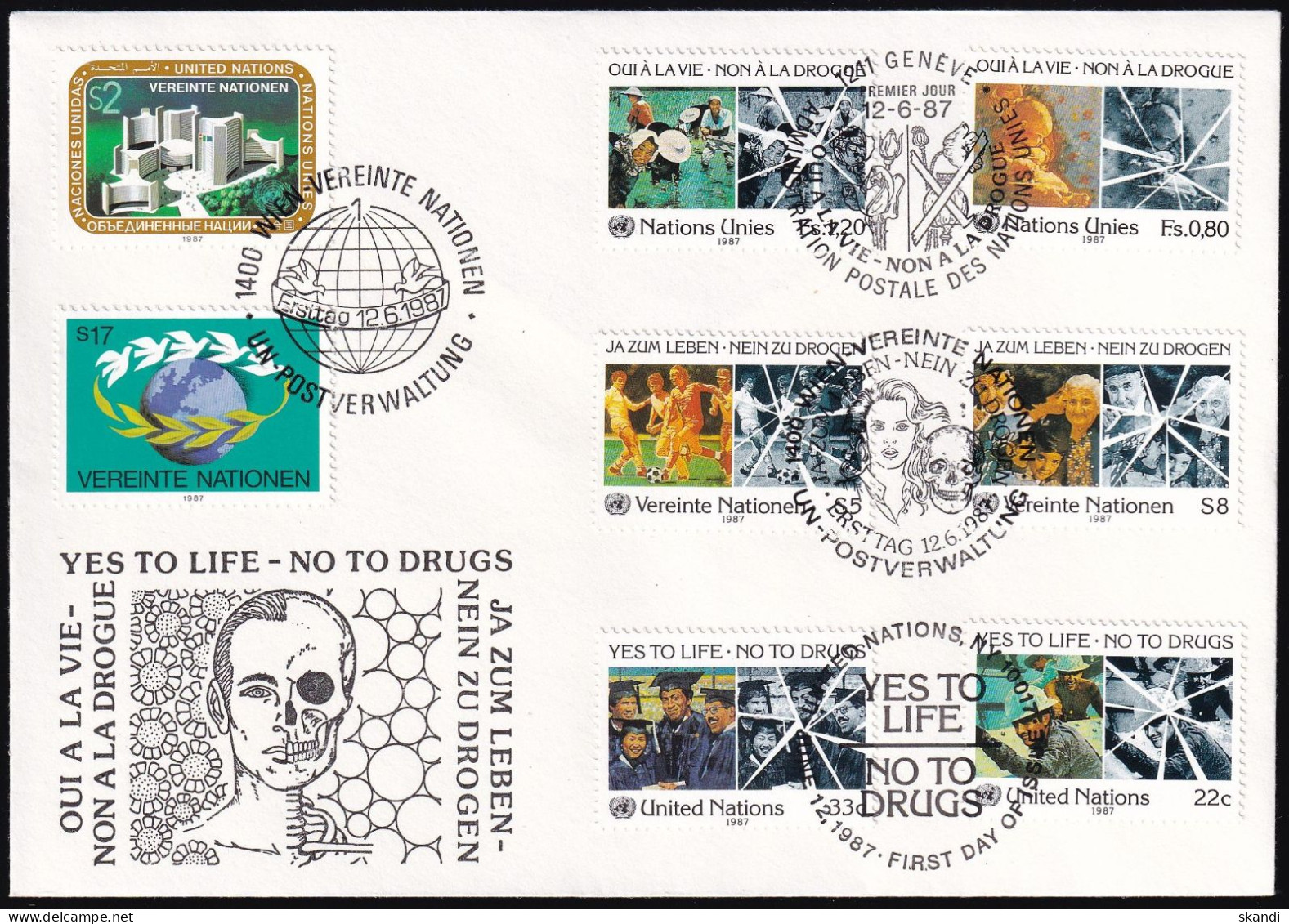 UNO NEW YORK - WIEN - GENF 1987 TRIO-FDC Nein Zu Drogen - Gemeinschaftsausgaben New York/Genf/Wien