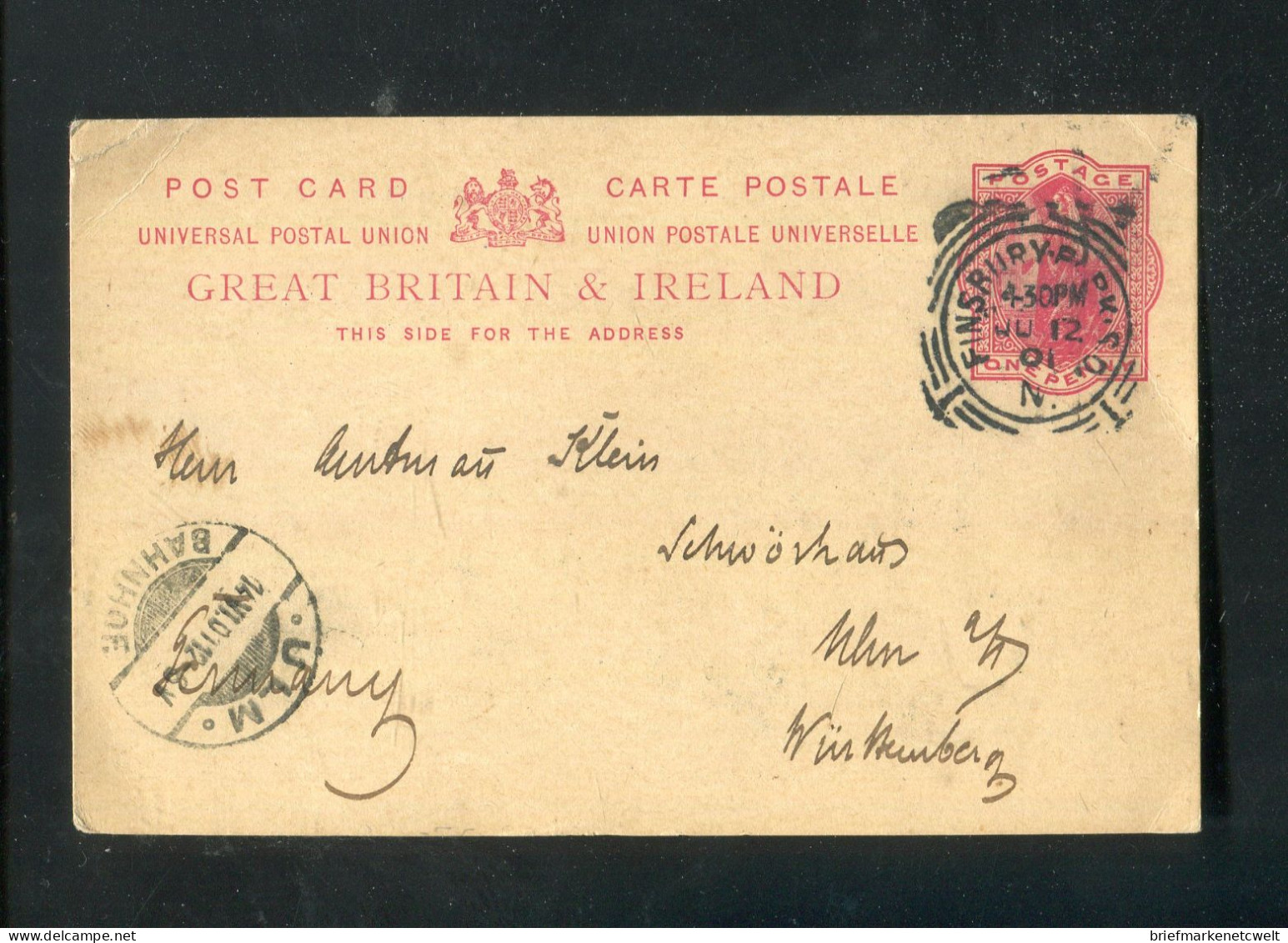 "GROSSBRITANIEN" 1901, Postkarte Stempel "FINSBURY", Ankunftsstempel "Ulm-Bahnhof" (B1189) - Lettres & Documents