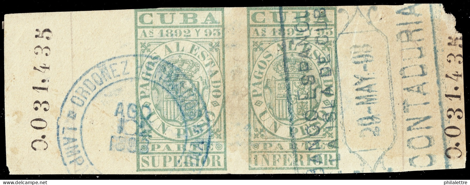 ESPAGNE / ESPANA - COLONIAS (Cuba) 1892/93 "PAGOS AL ESTADO" Fulcher 1117+1128 1P Sello Doble Usado (0.031.435) - Kuba (1874-1898)