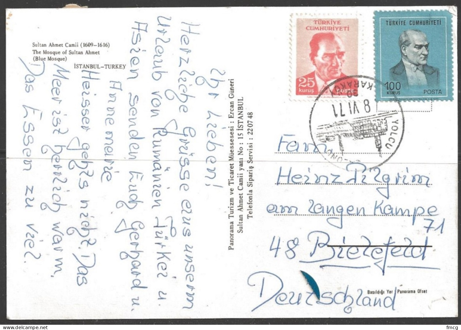 1971 Postcard, 25k & 100k, Karakoy (fancy Cancel) To Germany (8 VI 71) - Covers & Documents