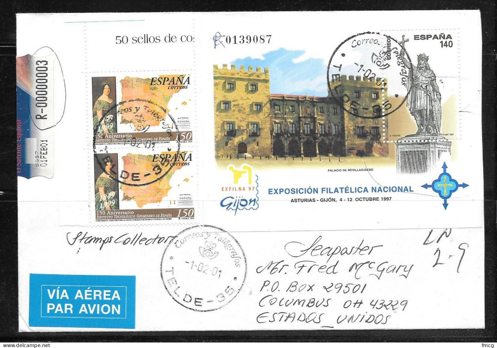 2001 Registered Las Palmas To USA With 1997 Philatelic Exhibition Sheet - Cartas & Documentos