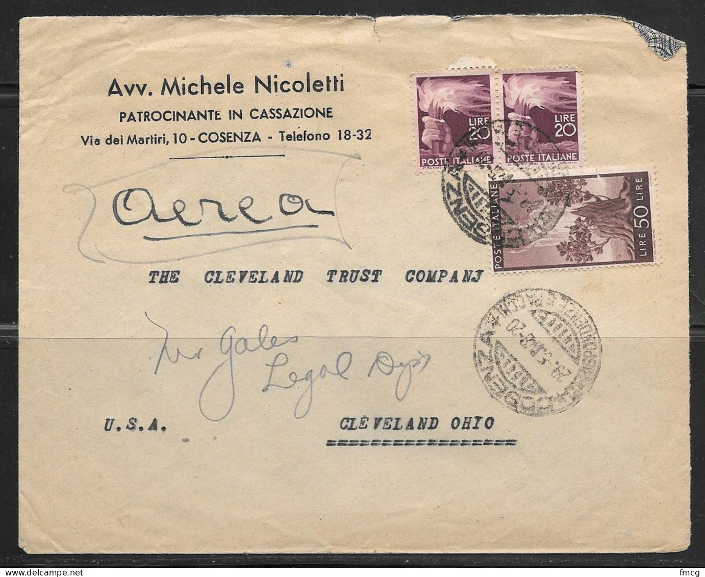 1948 Cosenza (29.5) To Cleveland Ohio USA - 1946-60: Storia Postale
