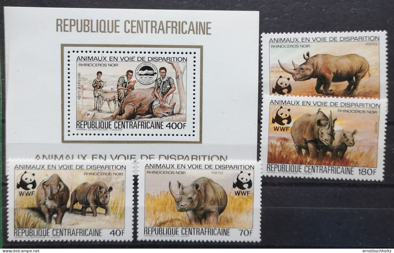 Zentralafrika 1983 WWF Nashörner Mi 985/88** + Block 1v** - Zentralafrik. Republik