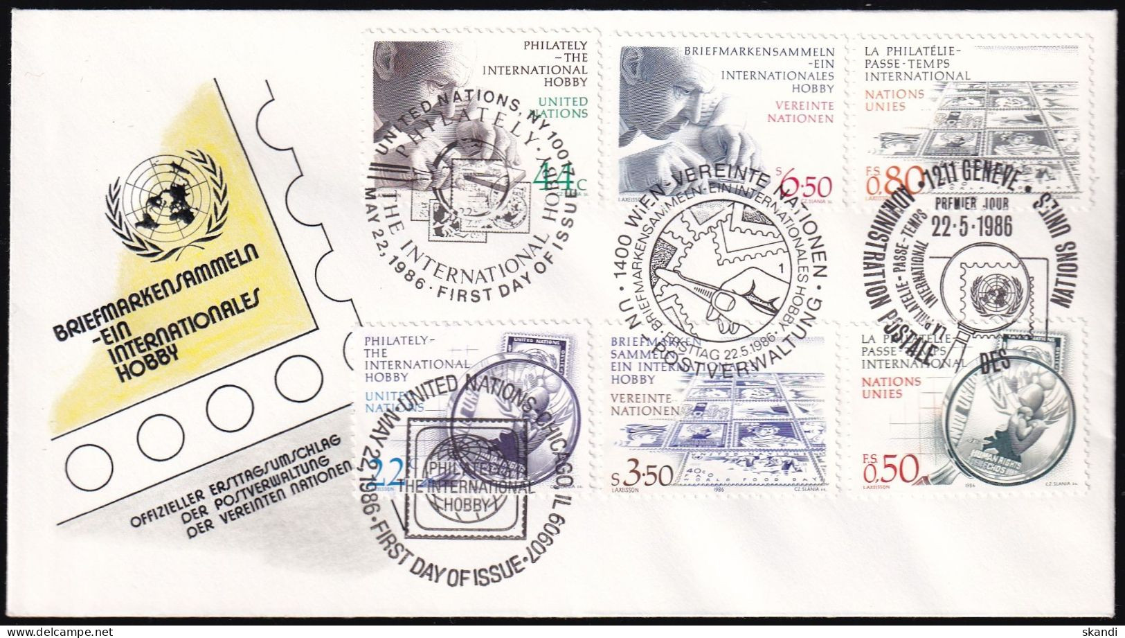 UNO NEW YORK - WIEN - GENF 1986 TRIO-FDC Briefmarkensammeln - Gemeinschaftsausgaben New York/Genf/Wien