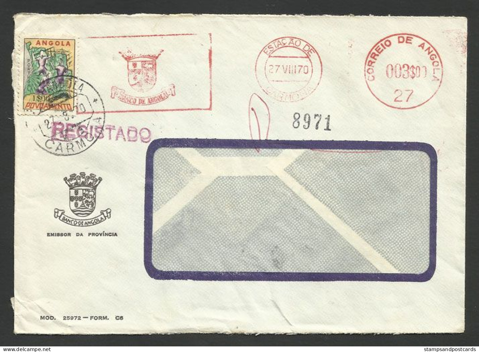 Angola Portugal EMA Cachet Rouge Banque De Angola Carmona R + Timbre Taxe 1970 Bank Franking Meter + Postal Tax - Angola