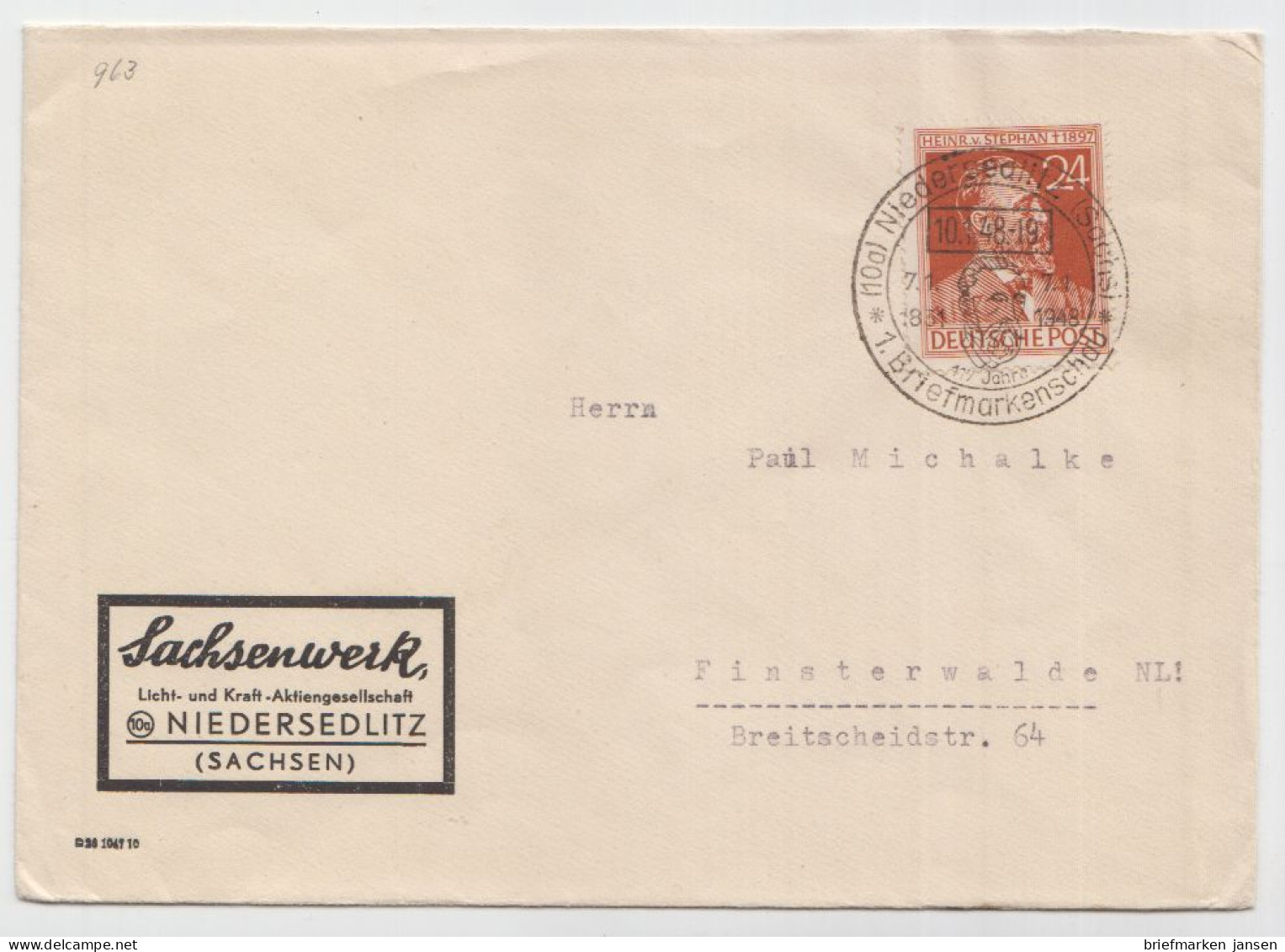 Alliierte Besetzung, MiNr. 963, Brief, Niedersedlitz, 1. Briefmarkenschau 1948 - Lettres & Documents