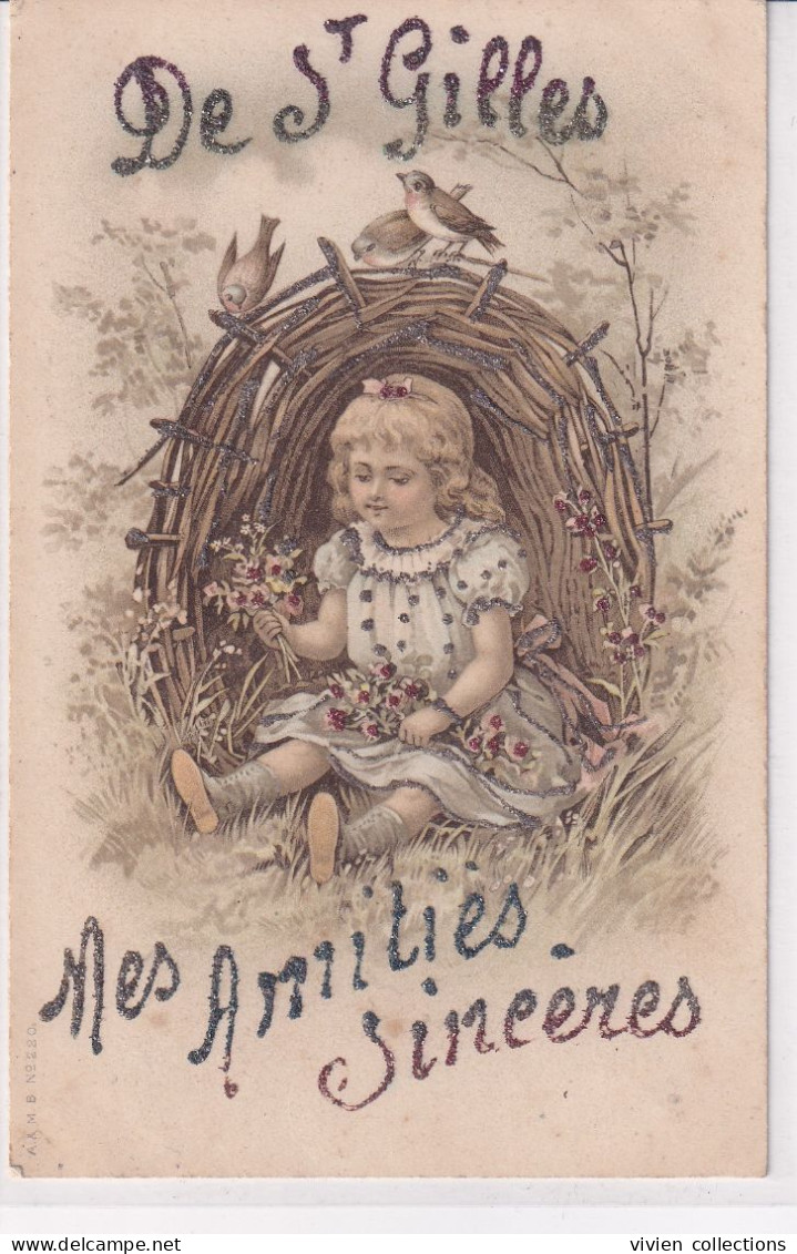 Mes Amitiés Sincères De Saint Gilles (30 Gard) Carte Fantaisie Enfant Fait Main Paillettes Circulée 1907 - Altri & Non Classificati