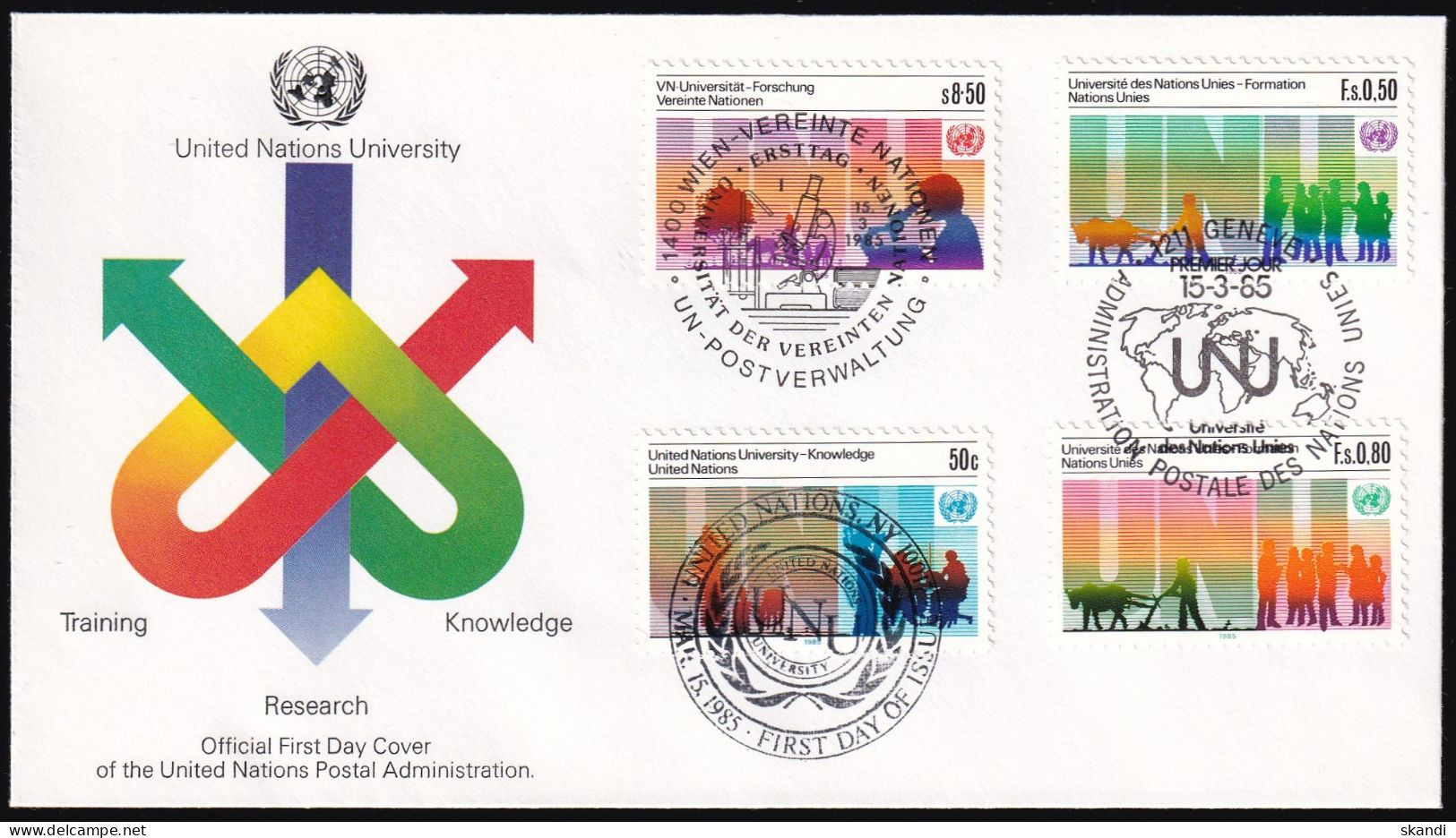 UNO NEW YORK - WIEN - GENF 1985 TRIO-FDC UN Universität - New York/Geneva/Vienna Joint Issues