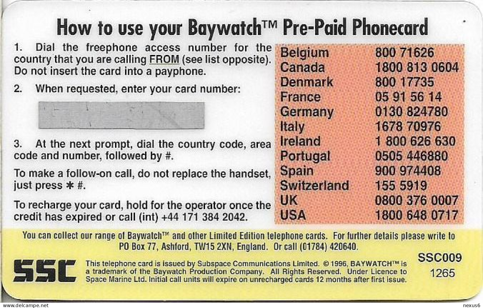 UK - SSC - Baywatch - Cody Madison, Remote Mem. 3£, 1996, Mint Unscratched - Bedrijven Uitgaven