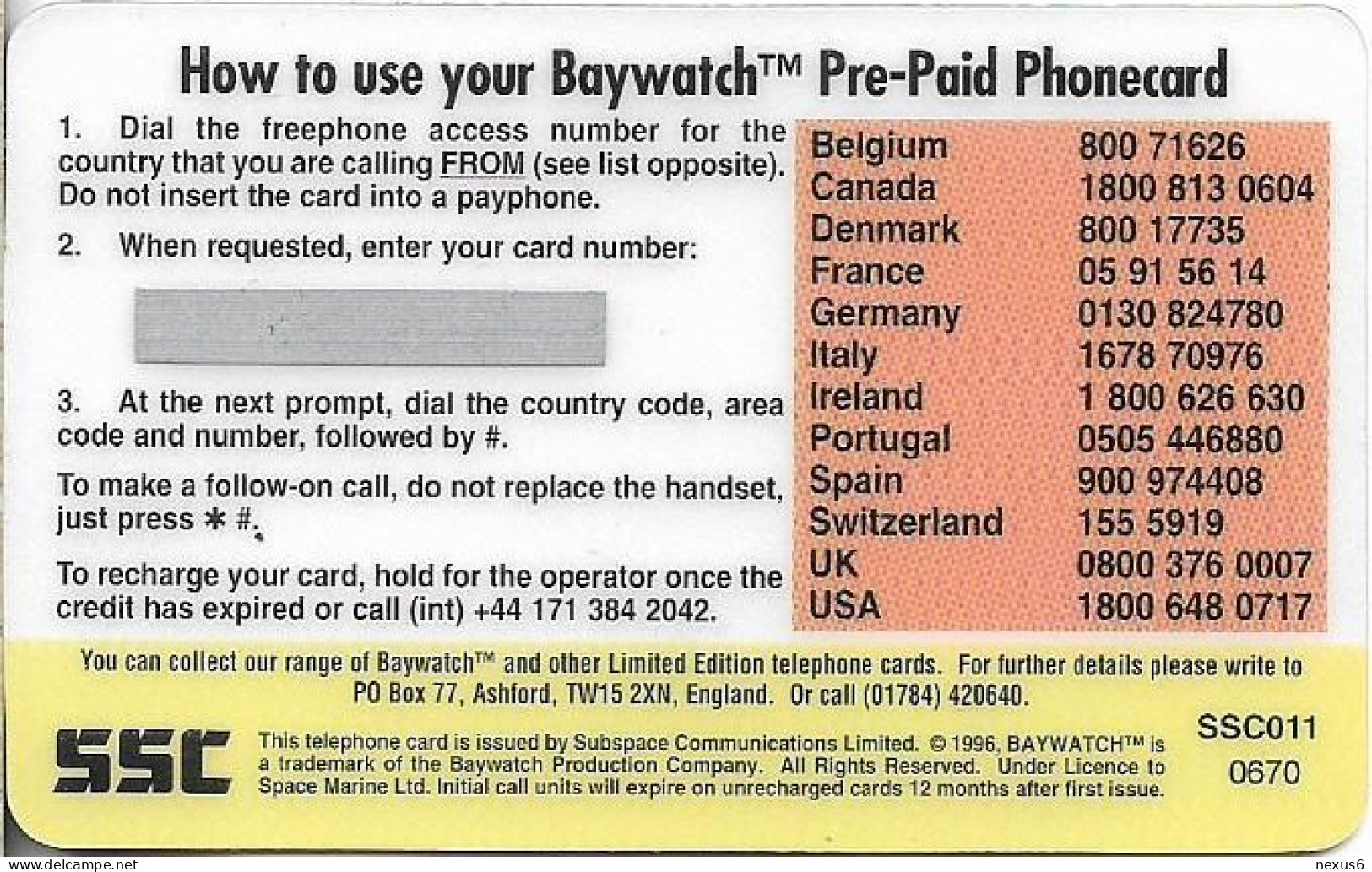 UK - SSC - Baywatch - Logan Fowler, Remote Mem. 3£, 1996, Mint Unscratched - Bedrijven Uitgaven