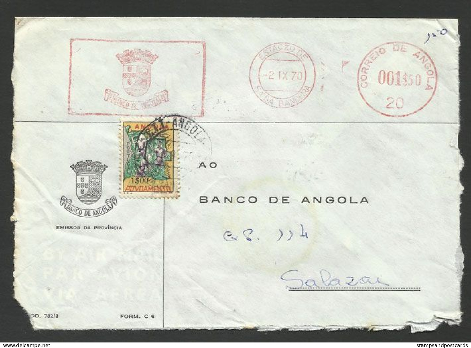 Angola Portugal EMA Cachet Rouge Banque De Angola Sa Da Bandeira Timbre Taxe 1970 Bank Franking Meter + Postal Tax - Angola