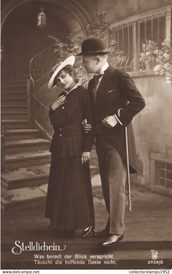 FANCY CARDS, ELEGANT MAN AND WOMAN WITH HAT, STELLDICHEIN, DATE, SWITZERLAND, POSTCARD - Mujeres