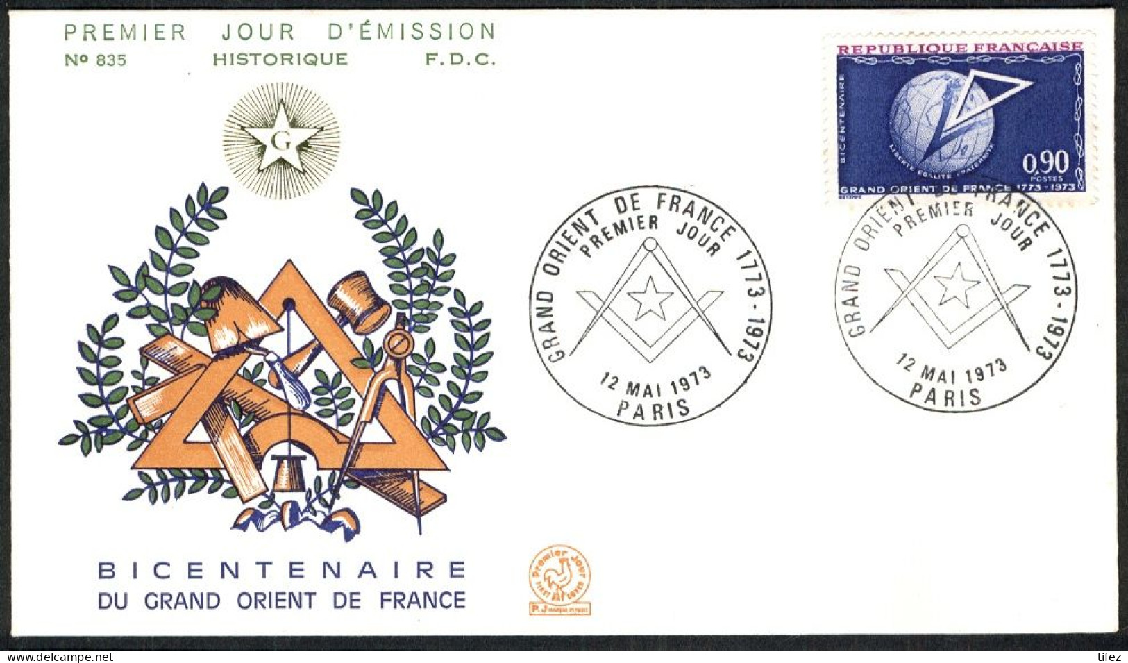 FDC/France/Année 1973 - N°1756 : Bicentenaire Du Grand Orient De France - 1970-1979