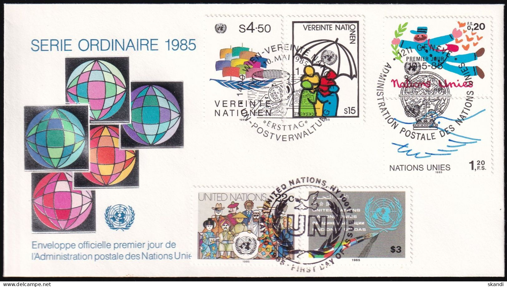 UNO NEW YORK - WIEN - GENF 1985 TRIO-FDC Dauerserie - Gemeinschaftsausgaben New York/Genf/Wien