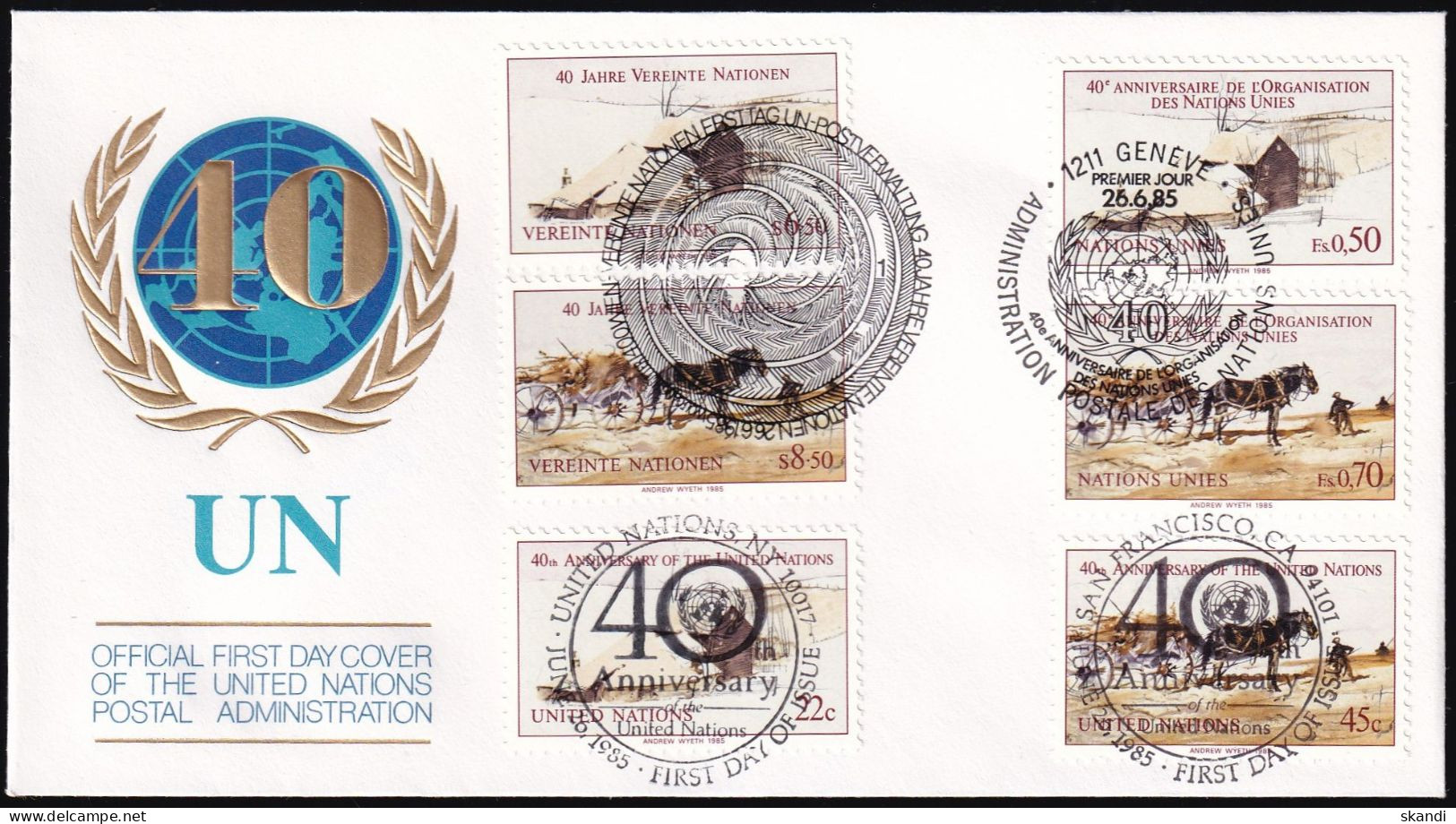 UNO NEW YORK - WIEN - GENF 1985 TRIO-FDC 40 Jahre Vereinte Nationen - Gemeinschaftsausgaben New York/Genf/Wien