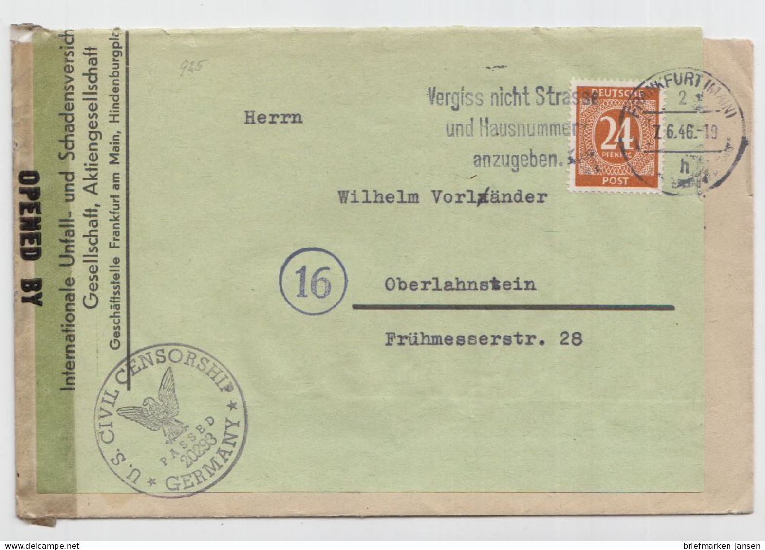 D,All.Bes.,Gem, Mi.Nr. 925 I. Kontrollratsausgabe (24 Pf), Zensur - Lettres & Documents