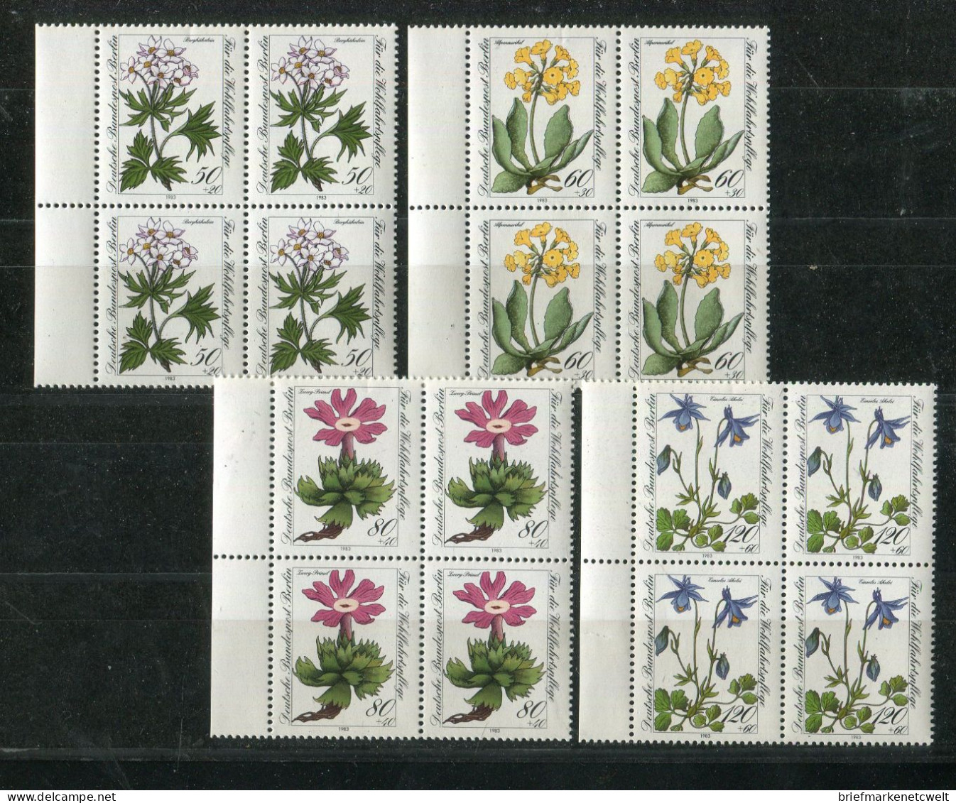 "BERLIN" 1983, Mi. 703-706 "Alpenblumen" 4er-Blocks ** (B1201) - Neufs