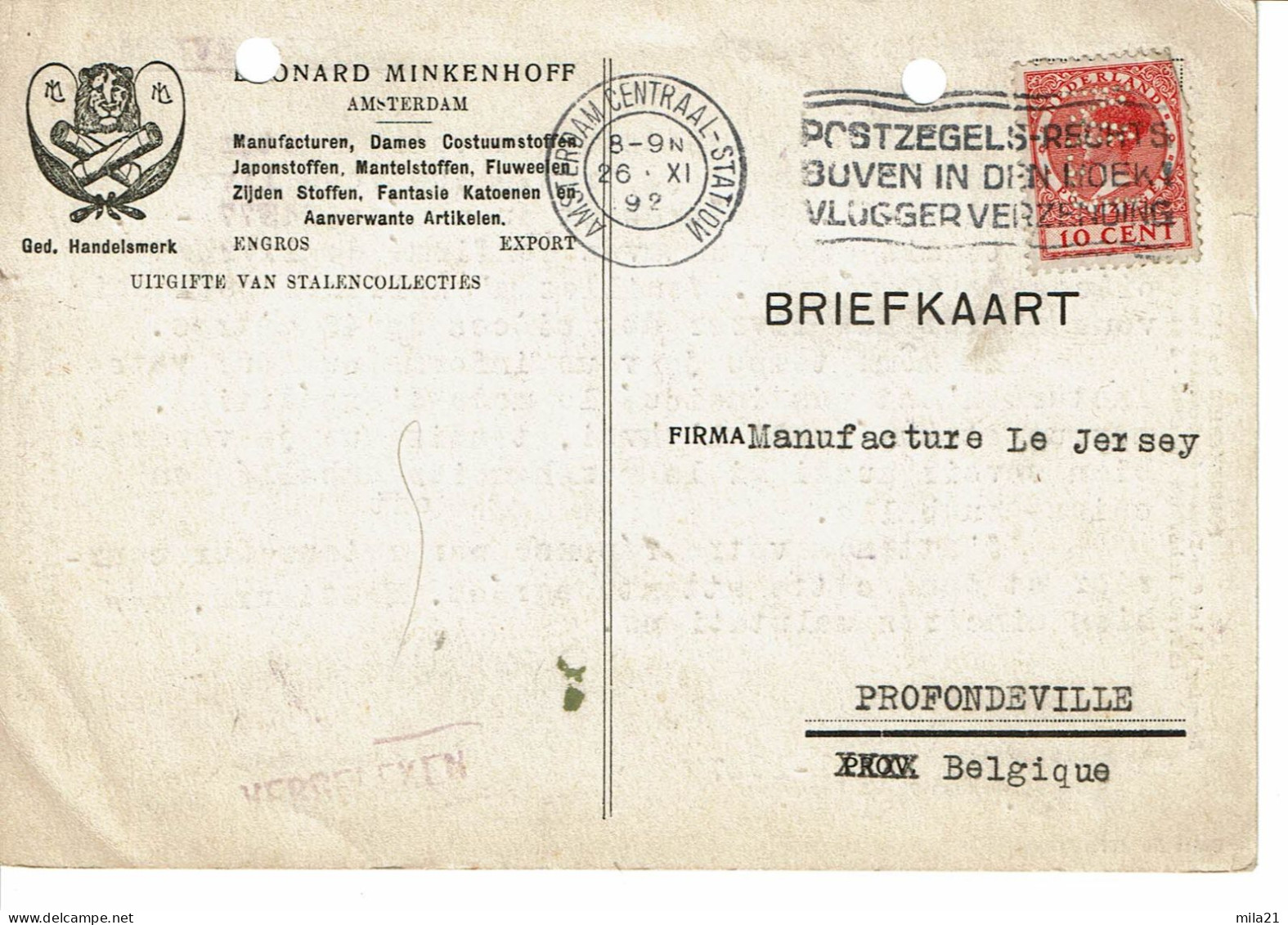 NEDERLAND Briefkaart  Timbre Wilhelmine 154 PERFORE - Brieven En Documenten