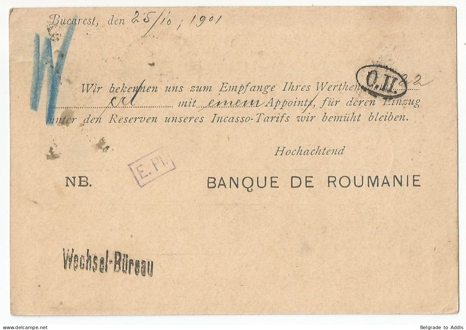 Romania Postal Stationery Used Mi.P26 With Imprint On Back 1901 Banque De Roumanie - Postal Stationery