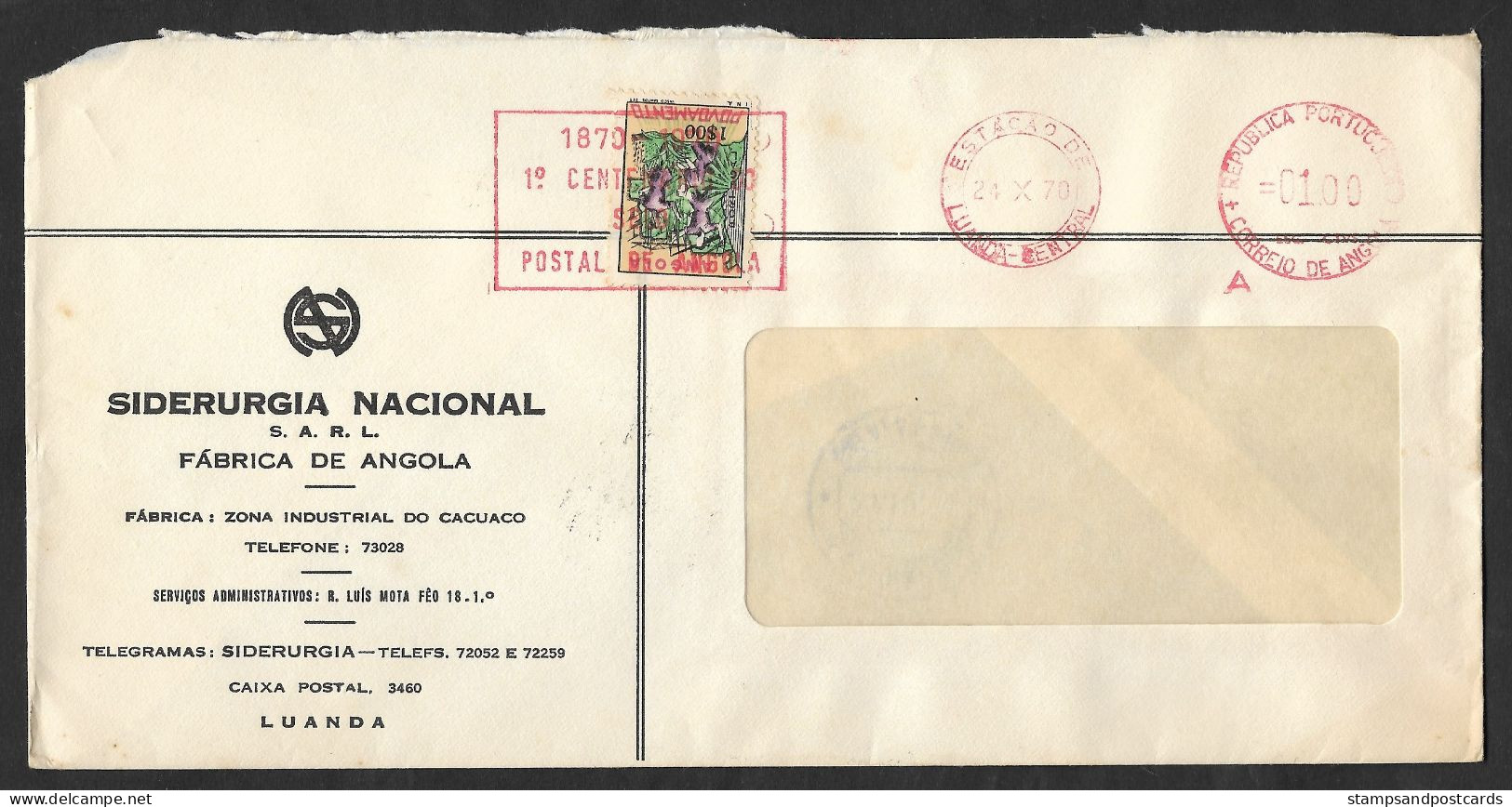 Angola Portugal EMA Cachet Rouge Luanda Centenaire Du Timbre Timbre Taxe 1970 Franking Meter Stamp Centennial Postal Tax - Angola