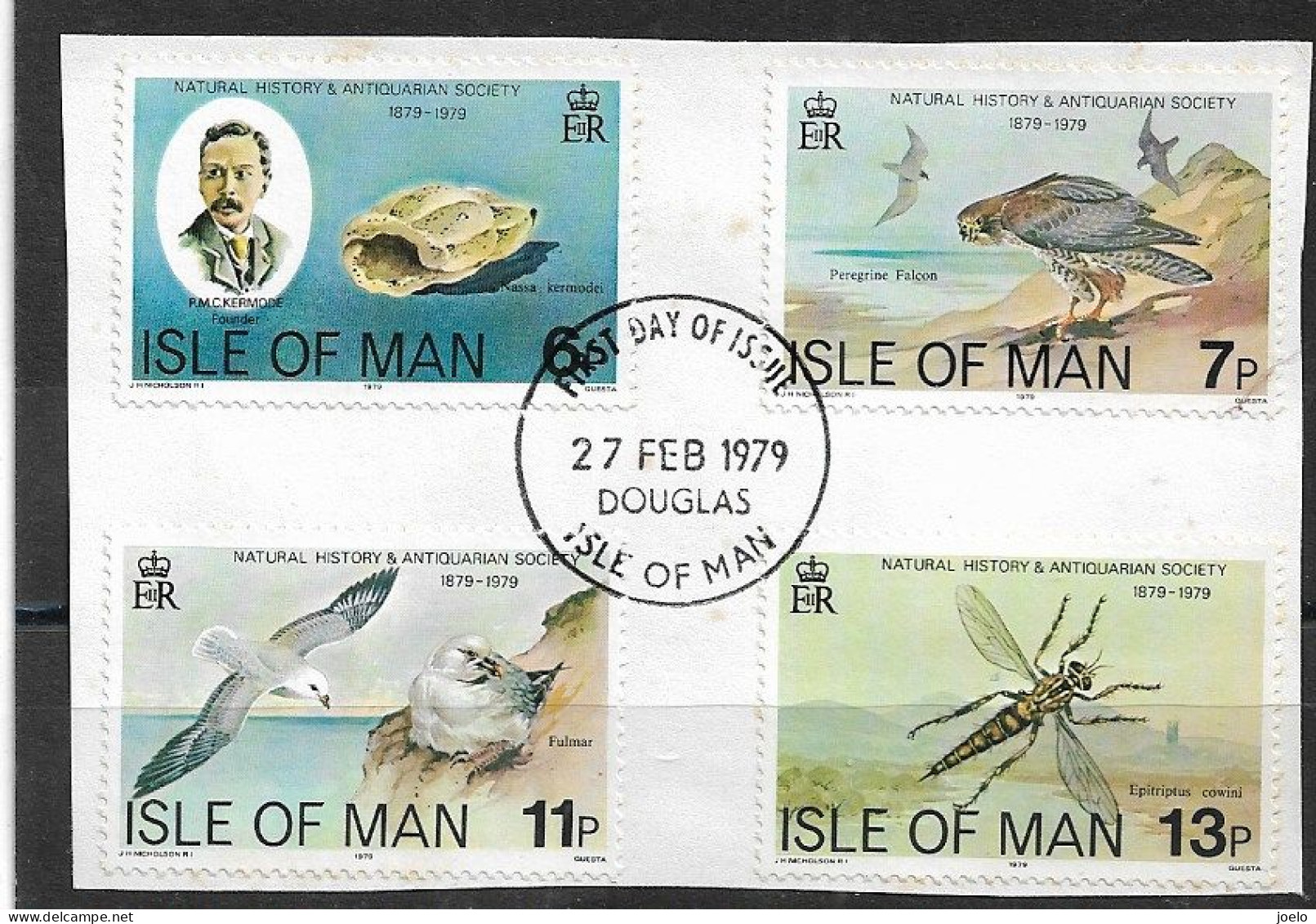 ISLE OF MAN 1979 NATURAL HISTORY SET ON PIECE CANCELLED ON FIRST DAY OF ISSUE - Isla De Man