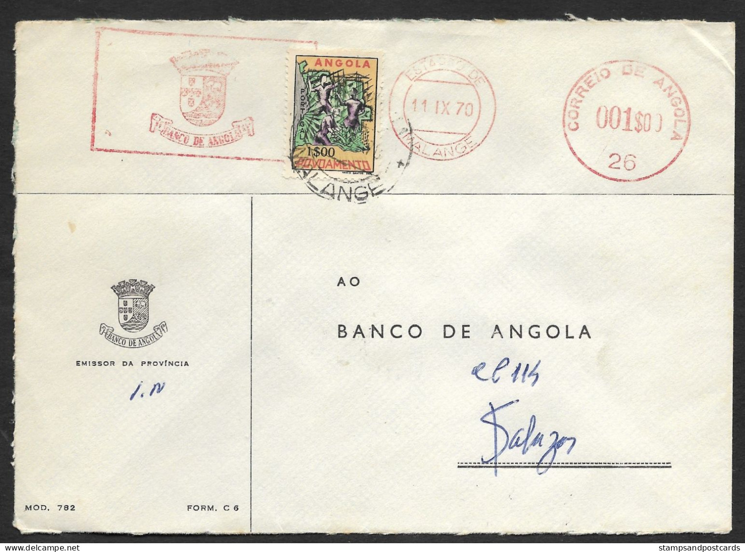 Angola Portugal EMA Cachet Rouge Banque De Angola Malange Timbre Taxe 1970 Bank Franking Meter + Postal Tax - Angola