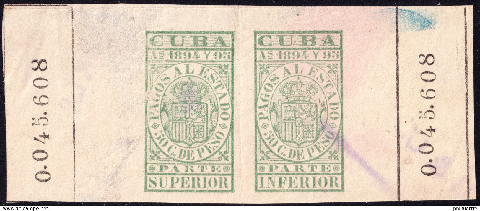 ESPAGNE / ESPANA - COLONIAS (Cuba) 1894/95 "PAGOS AL ESTADO" Fulcher 1139+1152 50c Sello Doble Usado (0.045.608) - Cuba (1874-1898)