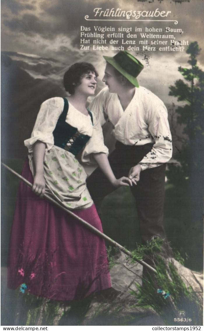 COUPLES, MAN WITH HAT AND WOMAN FLIRTING, SWITZERLAND, POSTCARD - Koppels