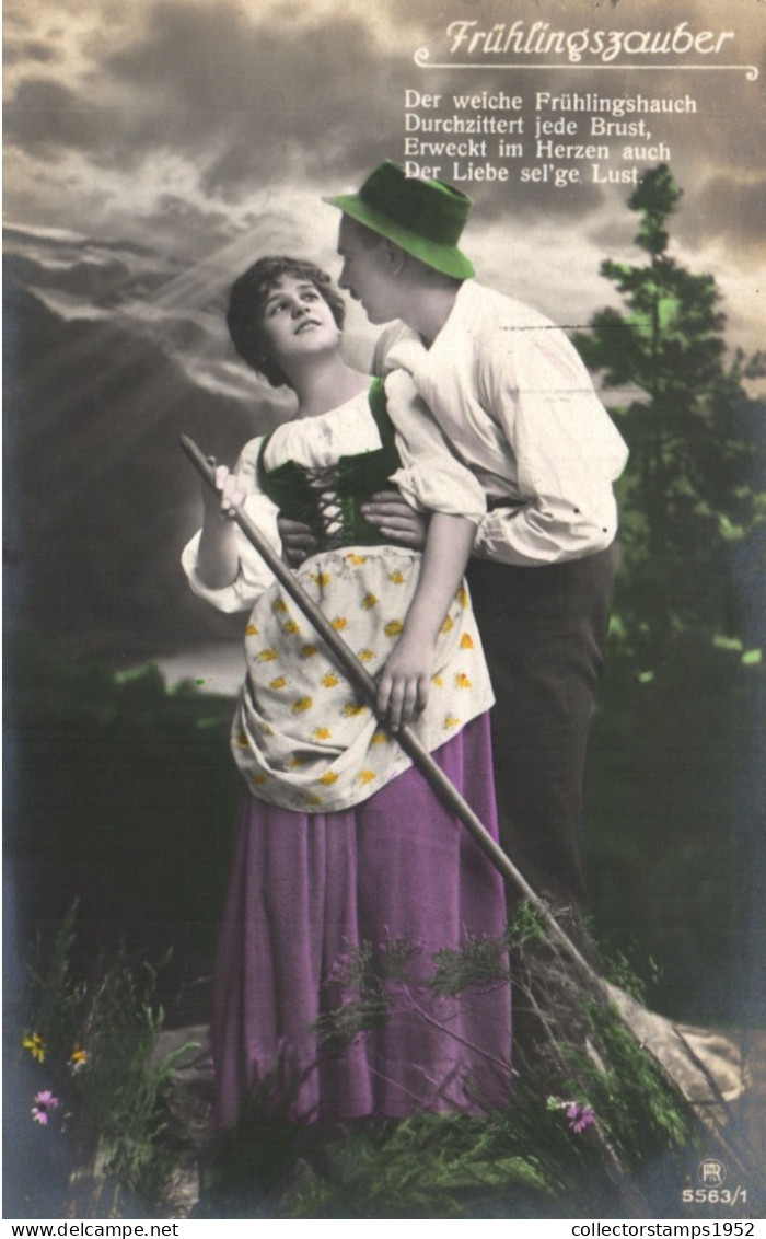 COUPLES, MAN WITH HAT AND WOMAN FLIRTING, RAKE, SWITZERLAND, POSTCARD - Couples