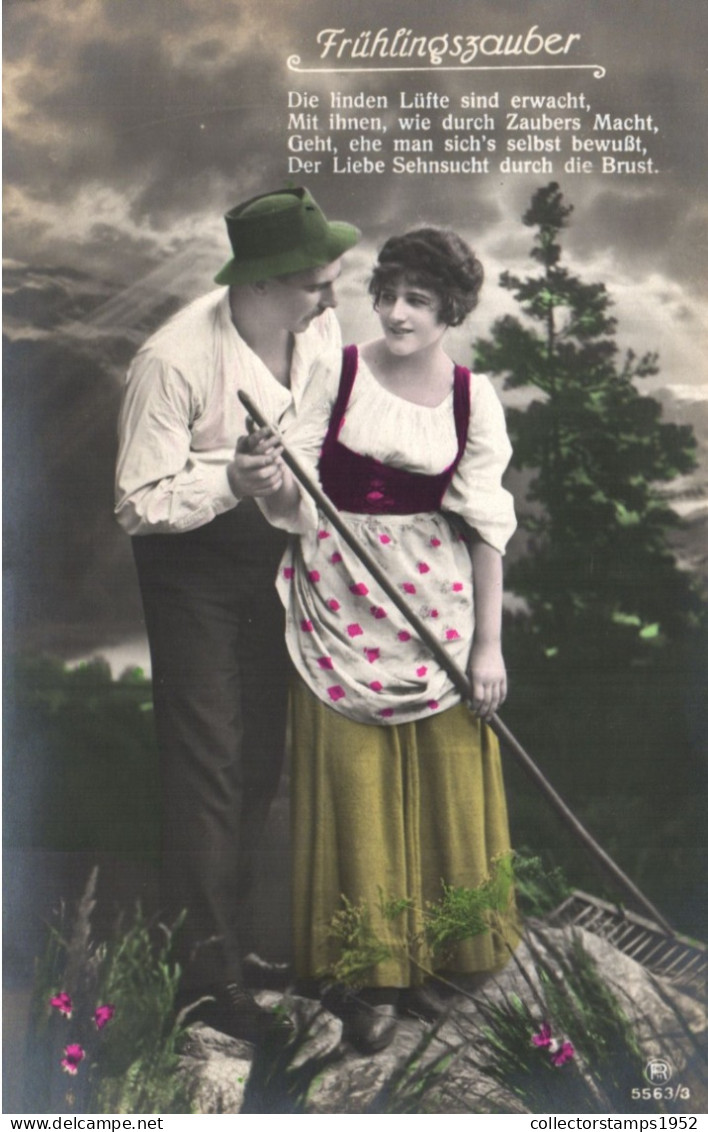COUPLES, MAN WITH HAT AND WOMAN FLIRTING, RAKE, SWITZERLAND, POSTCARD - Paare