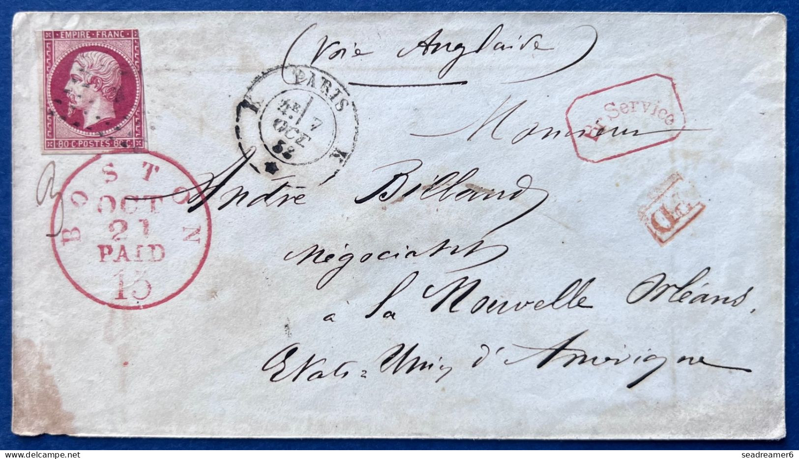 Lettre Napoleon N°17 80c Carmin Obl Losange K + Càd T15 De PARIS Pour Les USA La Nouvelle Orleans Transit BOSTON/PAID - 1853-1860 Napoleon III