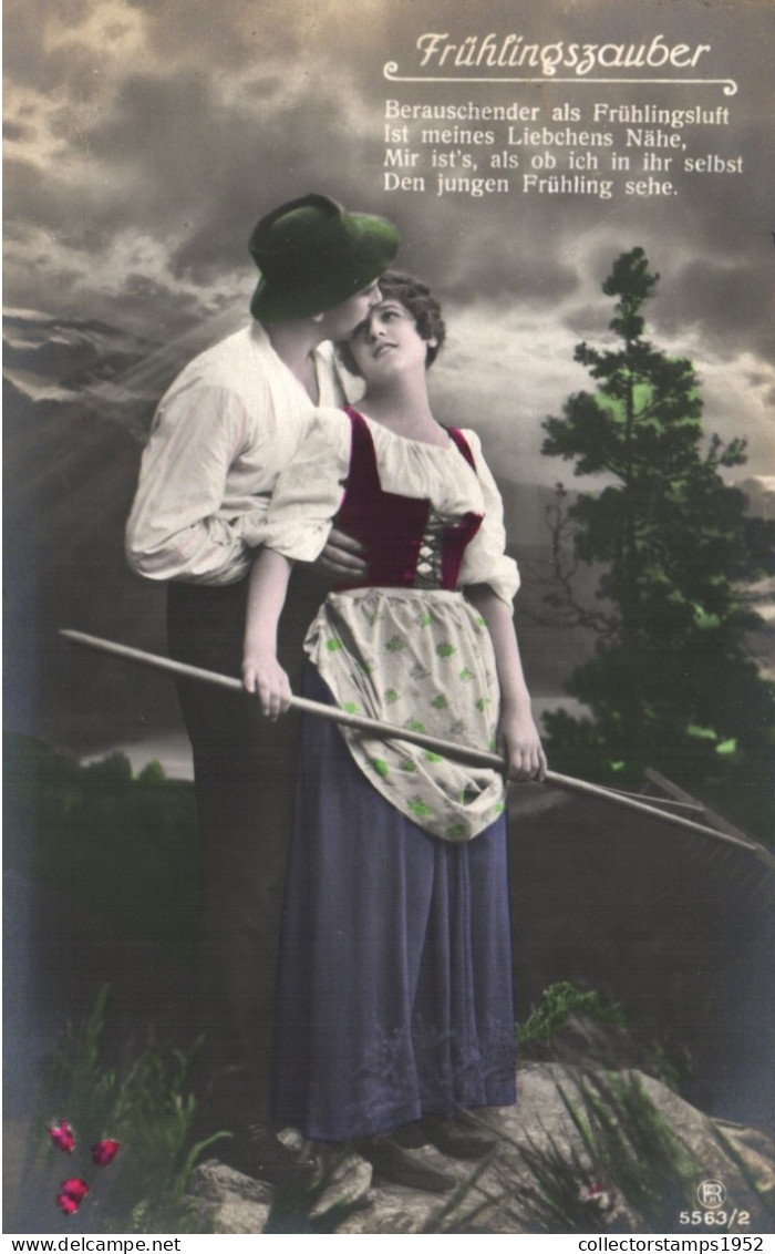 COUPLES, MAN WITH HAT AND WOMAN FLIRTING, RAKE, KISSING, SWITZERLAND, POSTCARD - Koppels