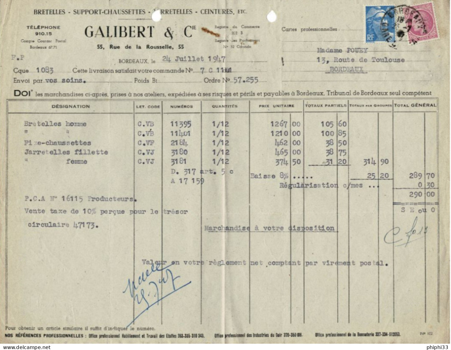 LETTRE FACTURE DU 24 JUILLET 1947 - Covers & Documents