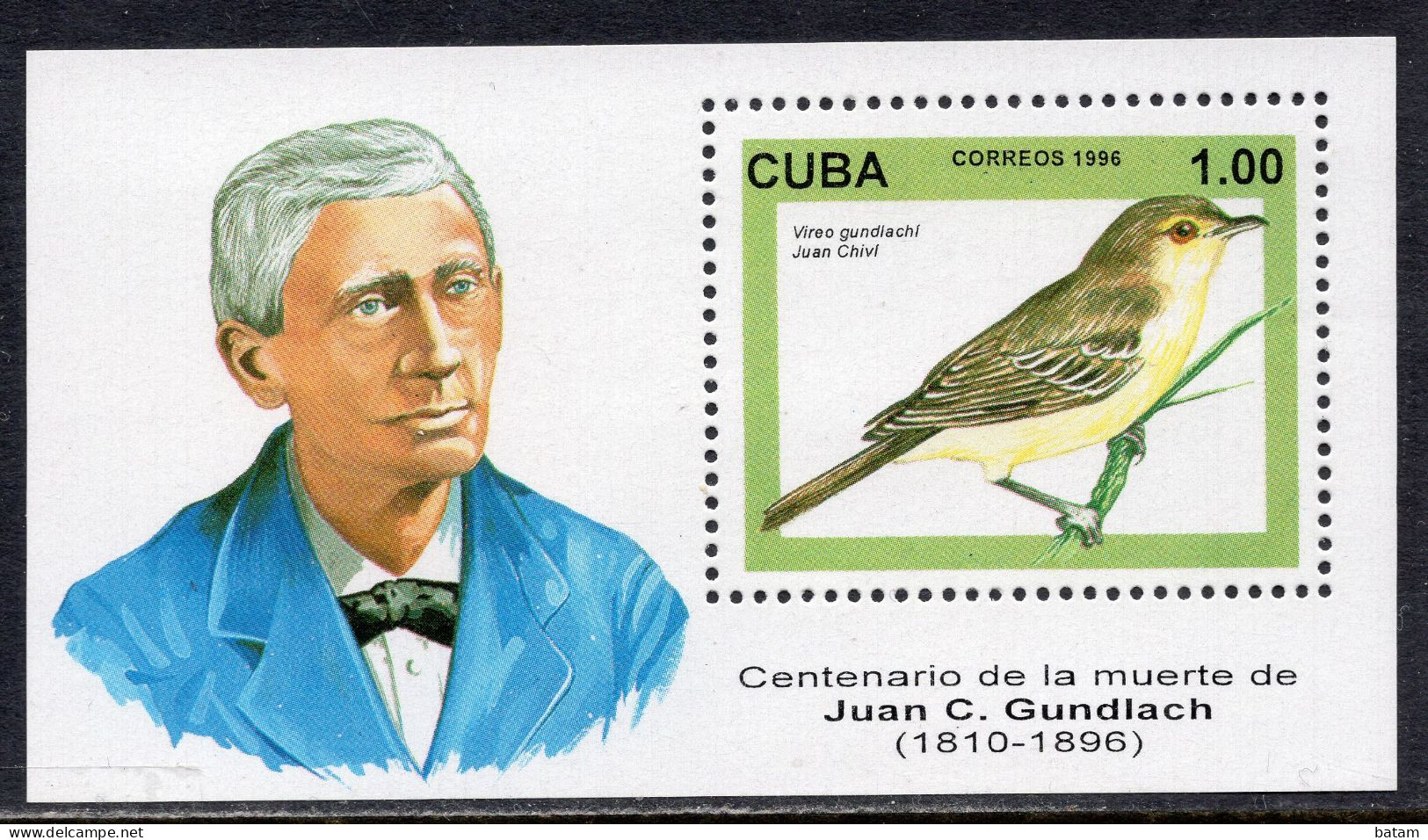CUBA  1996 - Juan Gundlach - Ornithologist - Bird - MNH Souvenir Sheet - Ungebraucht