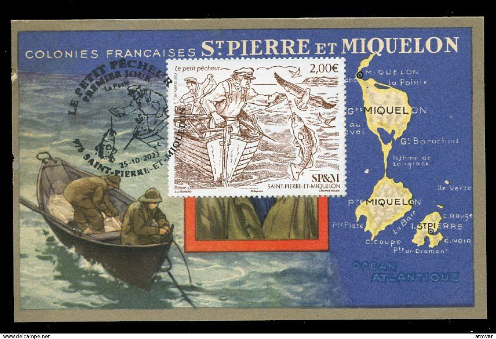 SAINT PIERRE ET MIQUELON (2023) Carte Maximum Card - Le Petit Pêcheur, Fishing Boat, Fisherman, Pêche, Map, Chalutier - Maximumkarten