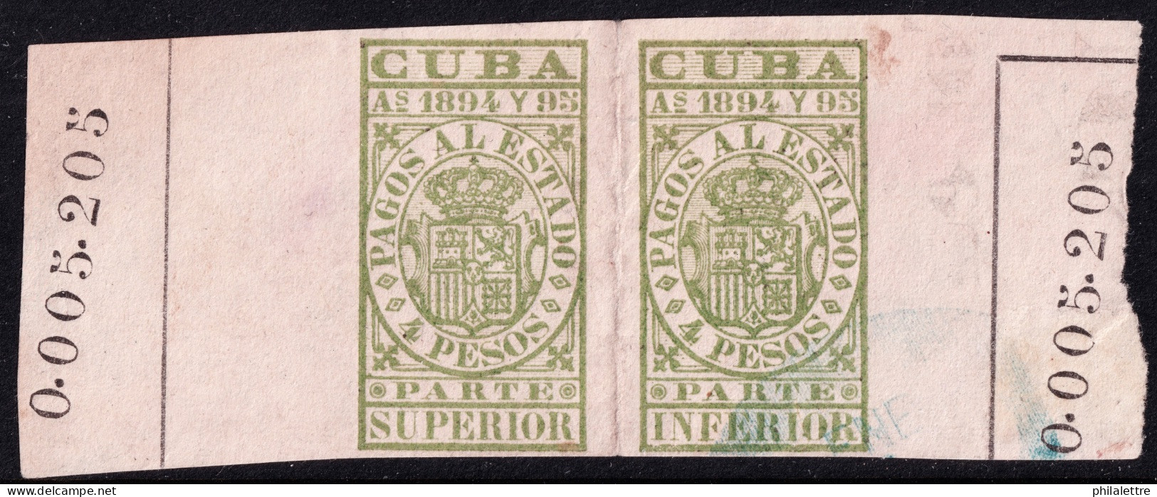 ESPAGNE / ESPANA - COLONIAS (Cuba) 1894/95 "PAGOS AL ESTADO" Fulcher 1143+1156 4P Sello Doble Usado (0.005.205) - Cuba (1874-1898)