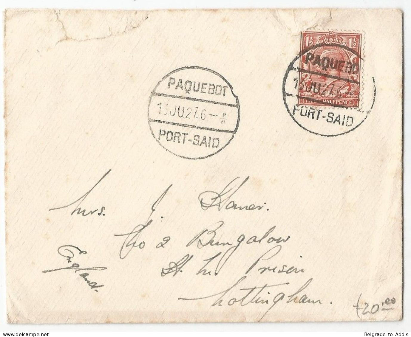 Egypt Cover Sent To England Paquebot Port-Said 1927 Enveloppe Of The British Army IX Norfolk Regiment - Covers & Documents