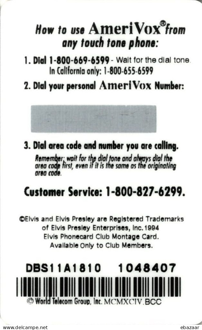 Elvis Presley AmeriVox 1994 USA Phonecard Unused + FREE GIFT - Personnages