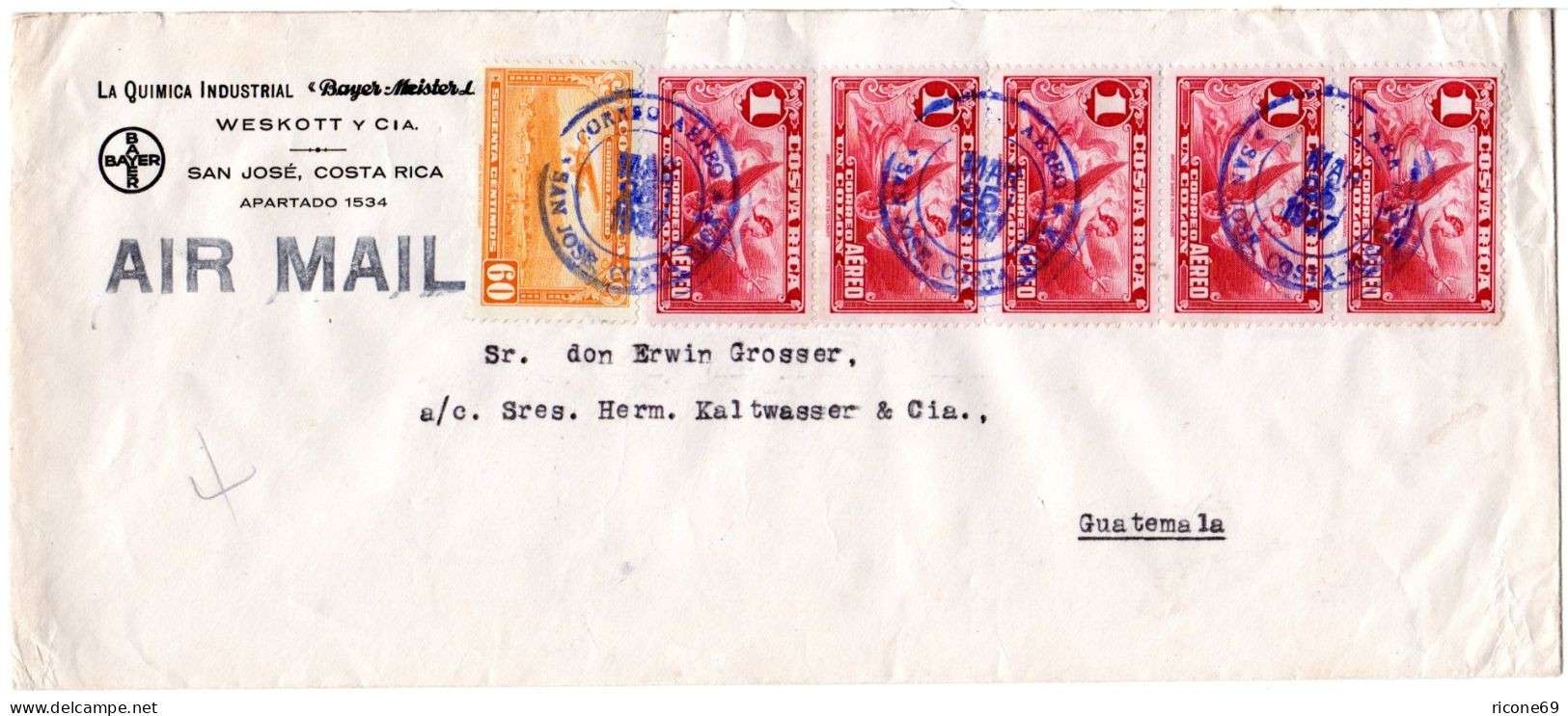 Costa Rica 1937, 5x1 Co.+60 C. Auf Luftpost Brief V. San José N. Guatemala. - Costa Rica