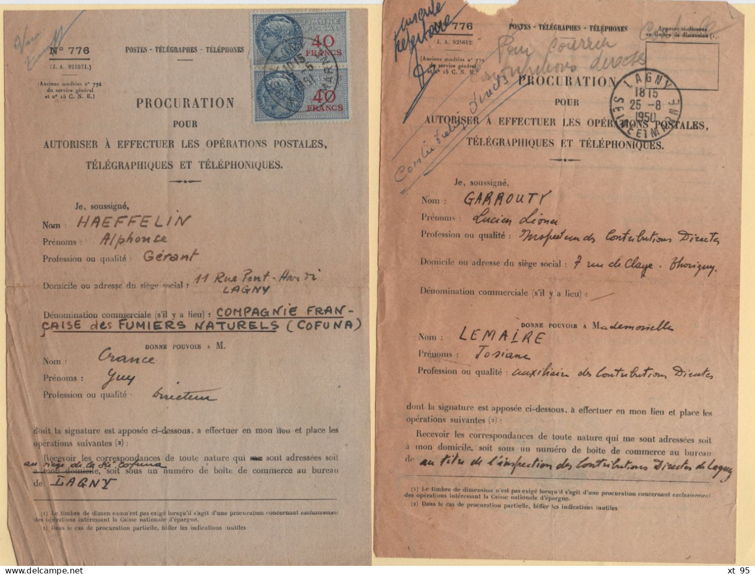 Procuration Pour Effectuer Les Operations Postales - Formulaire 776 - Lot De 2 Documents - Lagny Seine Et Marne - 1950 - 1921-1960: Periodo Moderno