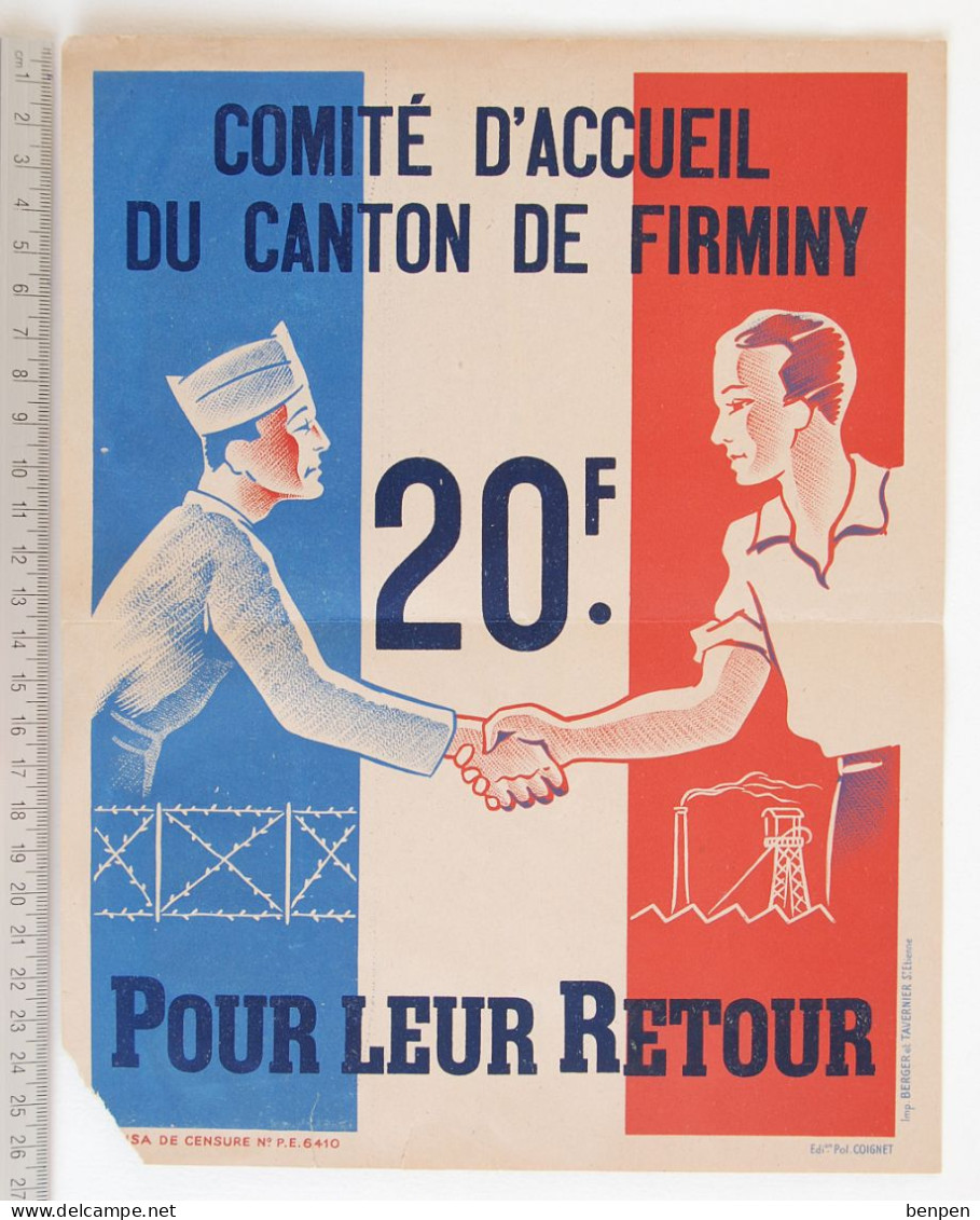 Affiche POUR LEUR RETOUR Comité D'accueil Du Canton De FIRMINY Loire, Censure PE 6410 Ed. Coignet, Berger Saint Etienne - 1939-45
