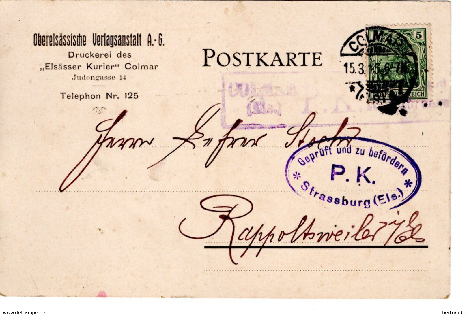 Carte Oberelsässische Verlagsanstalt AG De Colmar - Lettres & Documents