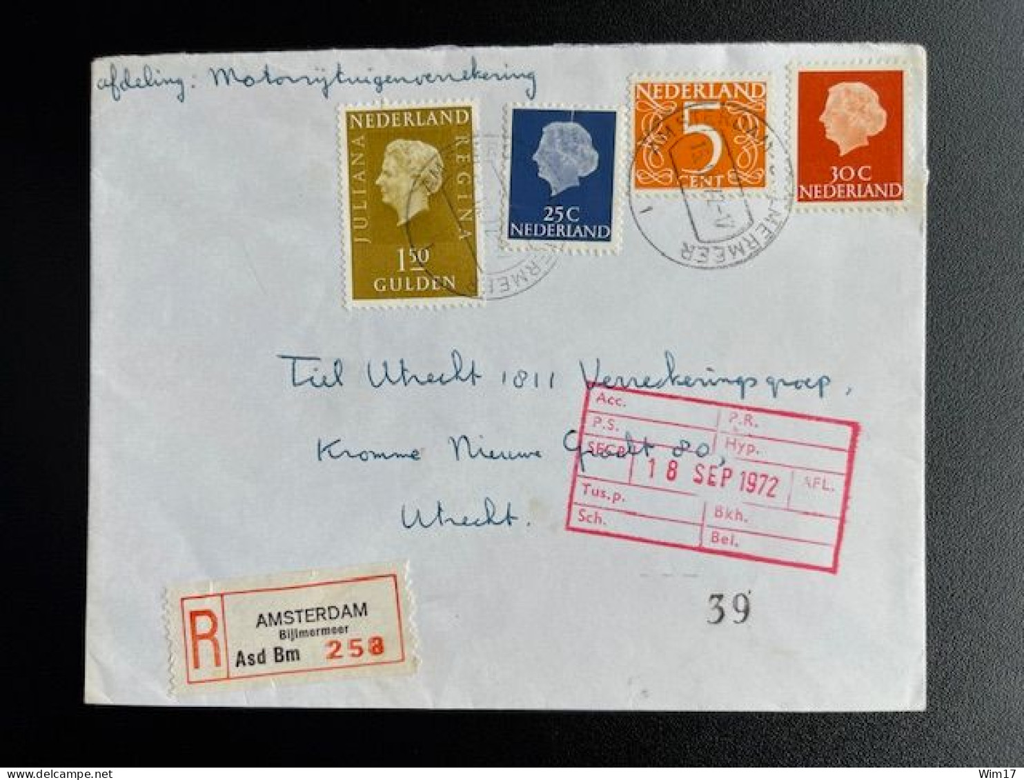 NETHERLANDS 1972 REGISTERED LETTER AMSTERDAM BIJLMERMEER TO UTRECHT 15-09-1972 NEDERLAND AANGETEKEND - Briefe U. Dokumente