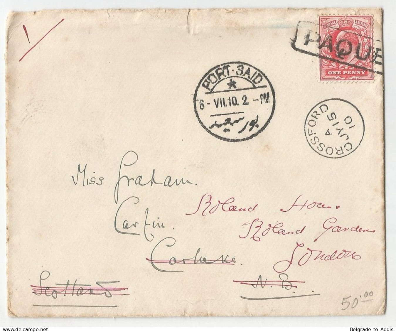 Egypt Great Britain EVII Cover Sent To Scotland Carluke Paquebot Port-Said 1910 Orient Line Steamers - 1866-1914 Khedivate Of Egypt