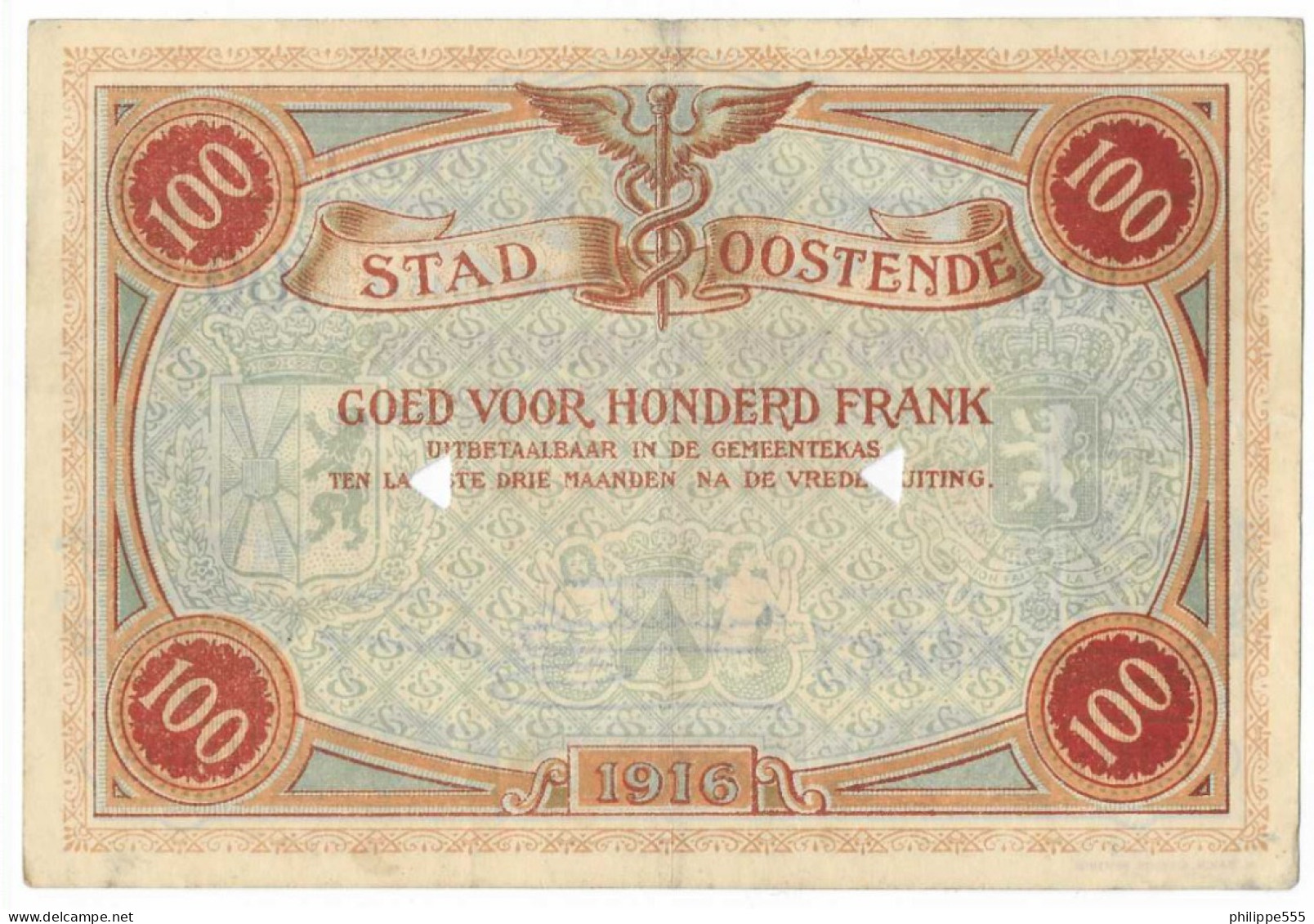 Noodgeld Oostende 100 Fr 1916 - 100 Francos