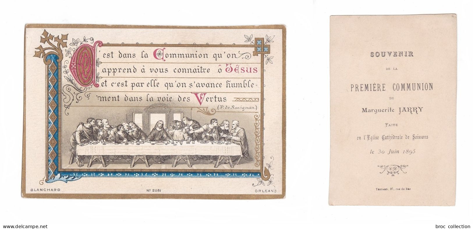 Soisson, 1re Communion De Marguerite Jarry, 1895, Sainte Cène, Cit. P. De Ravignan, éd. Blanchard N° 2081 - Devotion Images