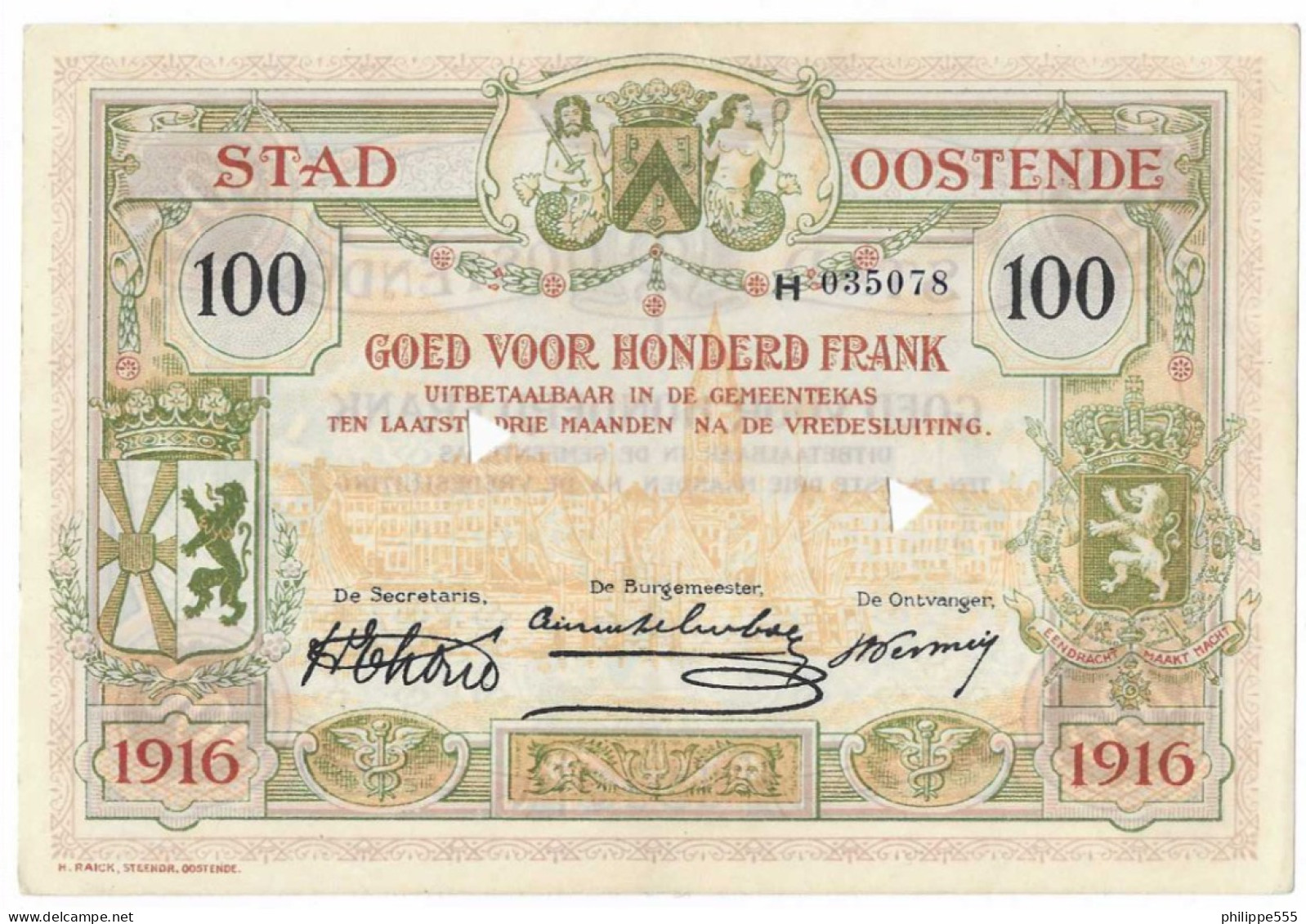 Noodgeld Oostende 100 Fr 1916 - 100 Francs